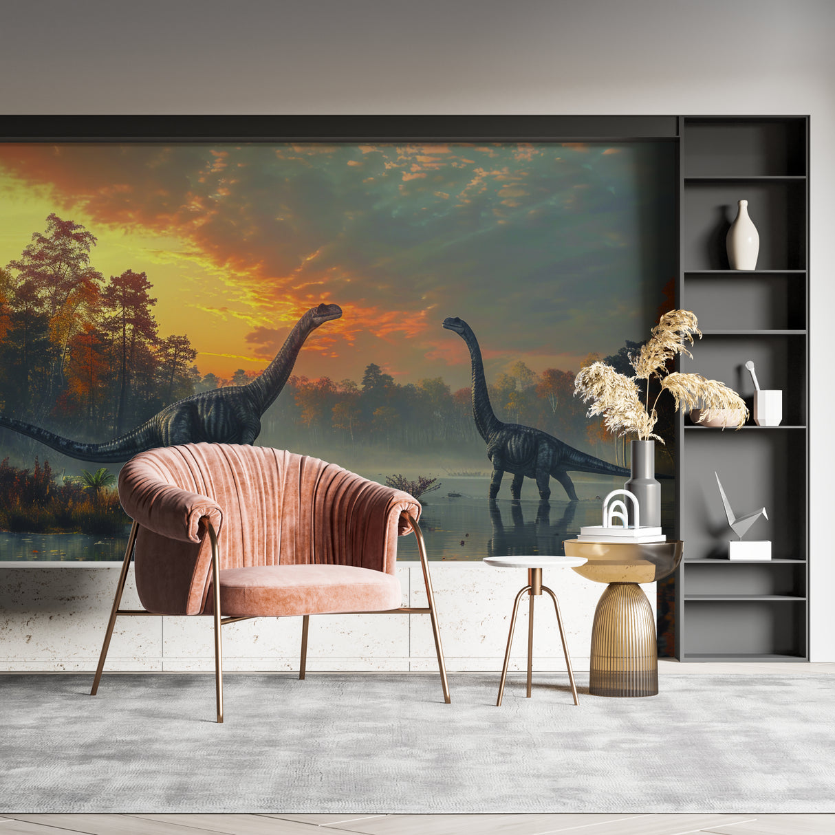 Study room showcasing prehistoric landscape wallpaper with dramatic sky effects