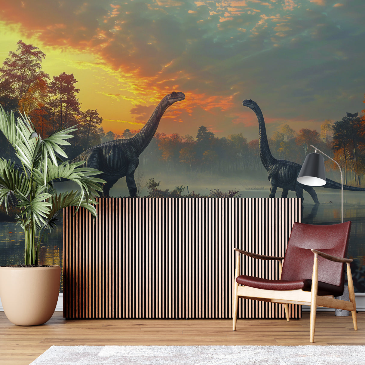 Dining area enhanced by sunset dinosaur mural creating cozy atmosphere
