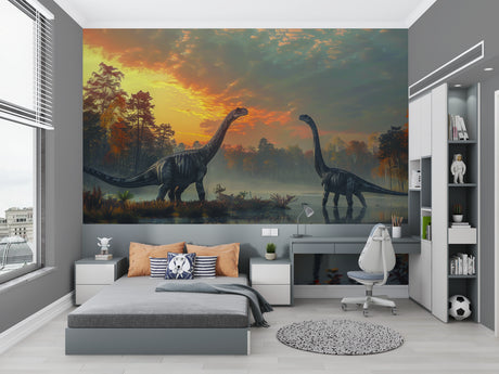 Dinosaur landscape wallpaper creating a stunning focal point in a modern living room with warm sunset hues