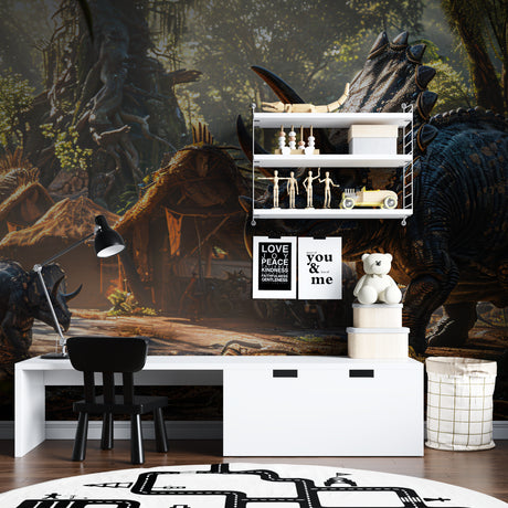 Dinosaur wall mural featuring Triceratops brings prehistoric charm to modern kids bedroom