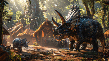Design file of Triceratops dinosaur mural with detailed forest background and golden sunlight effects