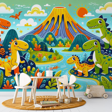 Dinosaur wall mural brings prehistoric adventure to life in a bright kid's bedroom, featuring friendly dinosaurs and a vibrant volcano