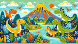 Design file of dinosaur wallpaper pattern showing detailed prehistoric scene with cheerful dinosaurs and volcano