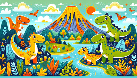 Design file of dinosaur wallpaper pattern showing detailed prehistoric scene with cheerful dinosaurs and volcano