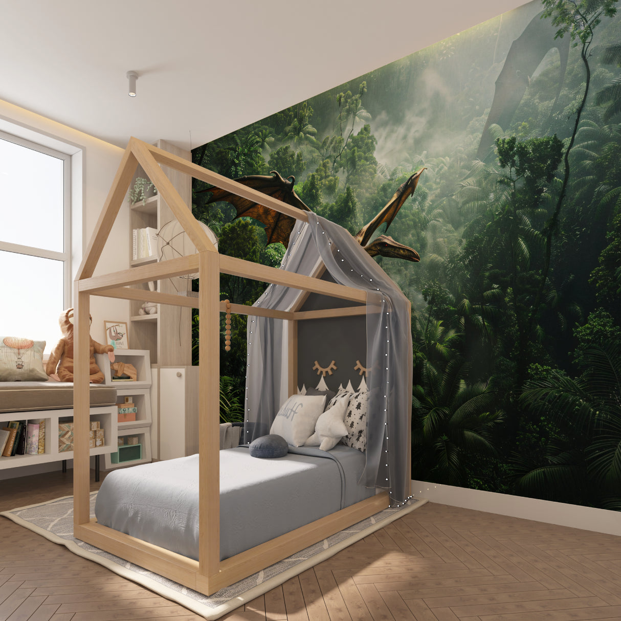 Pterodactyl wallpaper mural in a modern kids bedroom with blue accents and wooden furniture