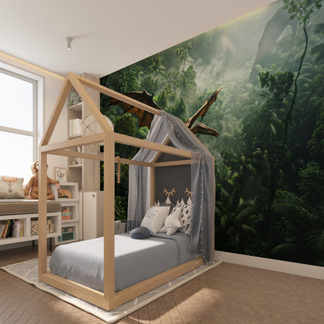 Pterodactyl wallpaper mural in a modern kids bedroom with blue accents and wooden furniture