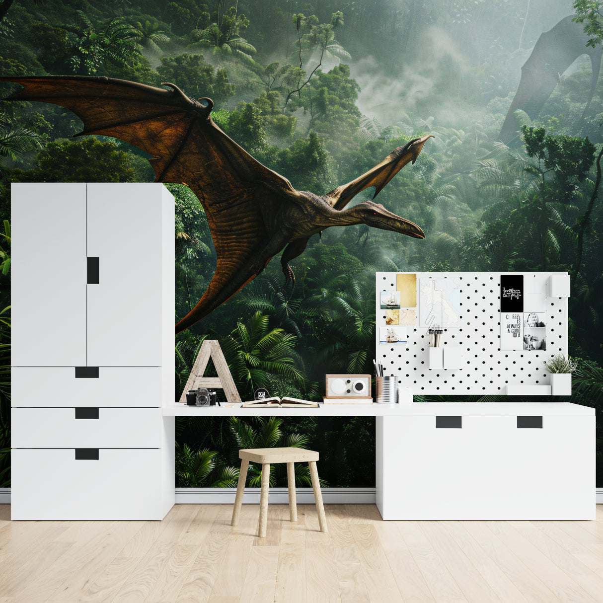 Prehistoric jungle mural creating depth in a cozy reading nook with natural lighting