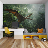 Dinosaur wall mural showcased in a playroom with educational toys and green details