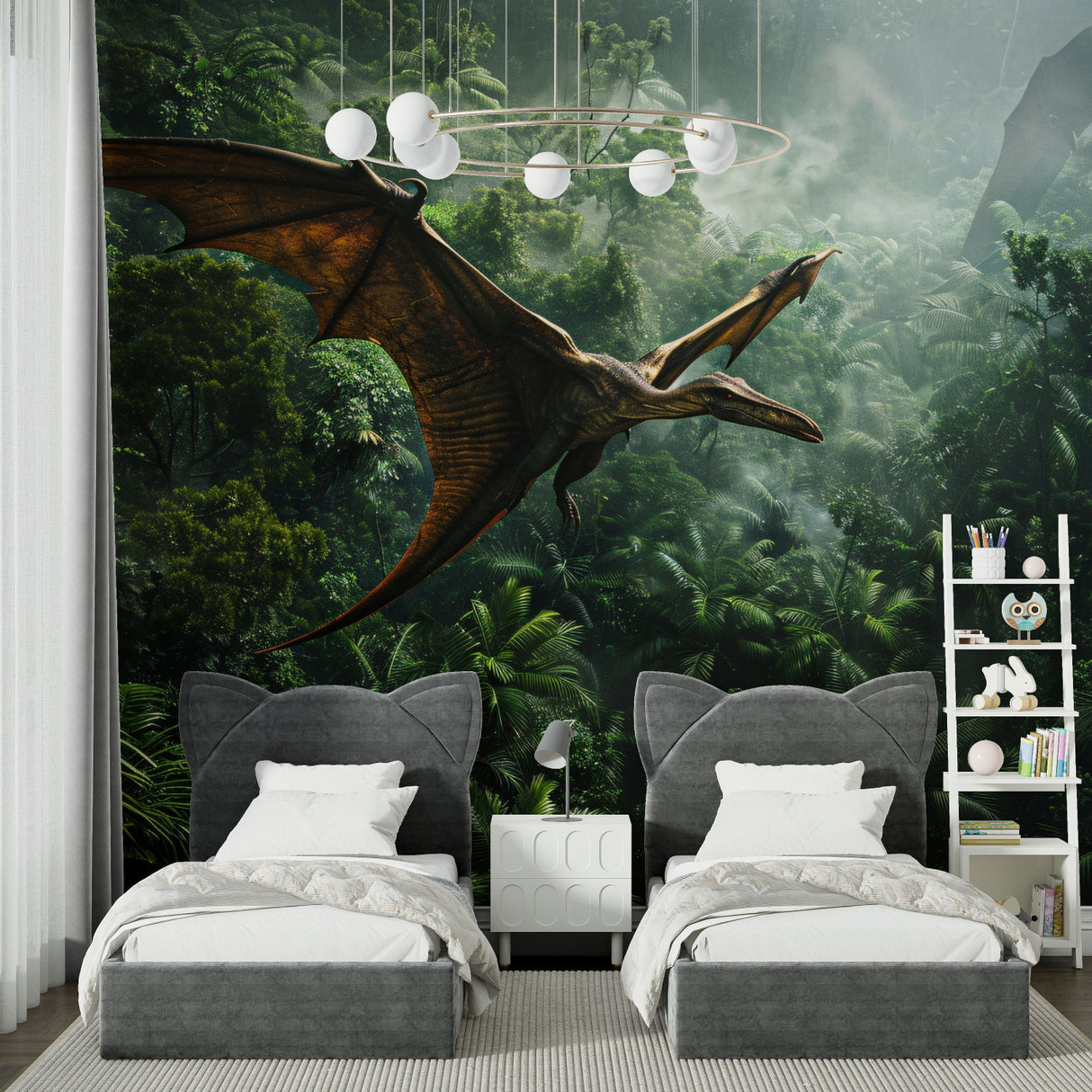 Prehistoric mural adding character to a teen bedroom with modern furniture