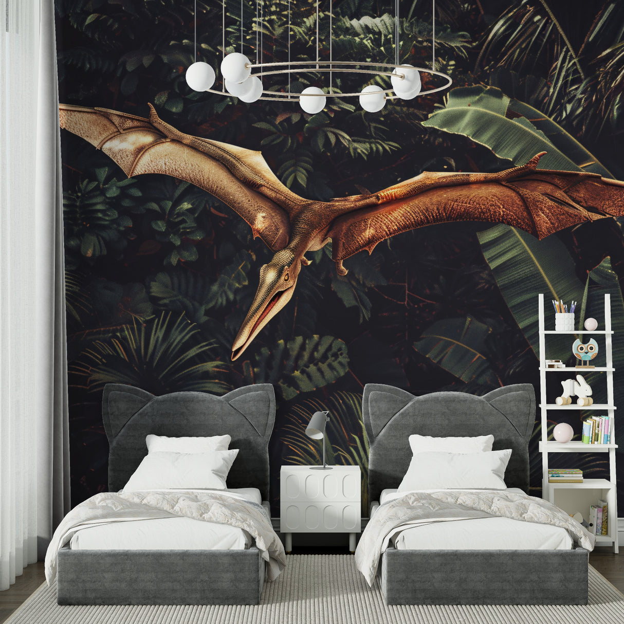 Dinosaur wallpaper bringing prehistoric adventure to a modern kids bedroom with pterodactyl soaring through tropical leaves