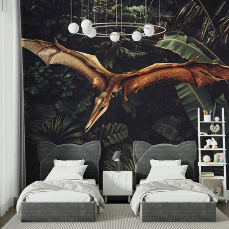 Dinosaur wallpaper bringing prehistoric adventure to a modern kids bedroom with pterodactyl soaring through tropical leaves