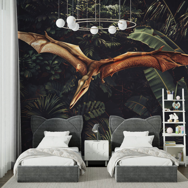 Dinosaur wallpaper bringing prehistoric adventure to a modern kids bedroom with pterodactyl soaring through tropical leaves