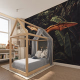 Pterodactyl wall mural creating depth in a playroom with jungle theme and natural lighting