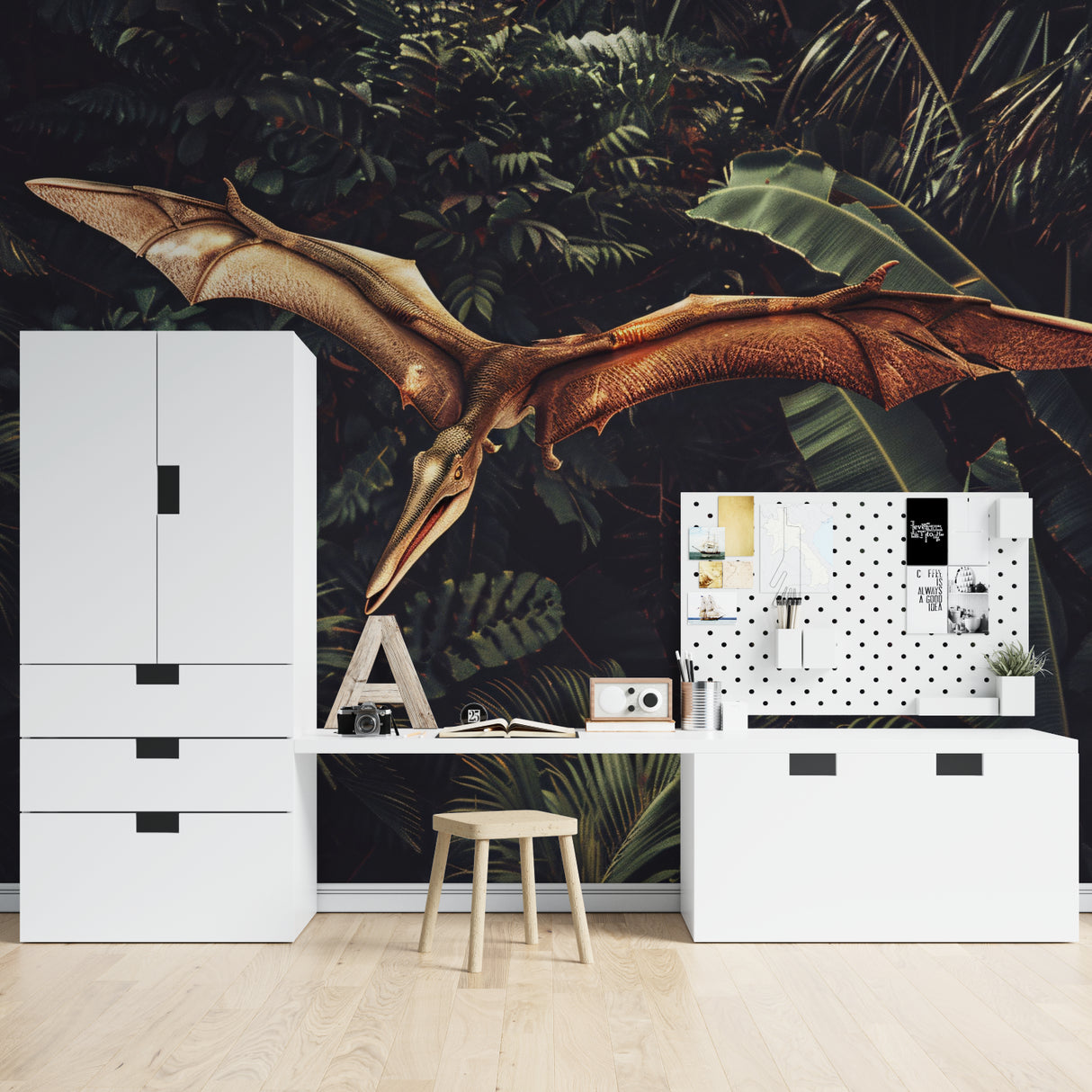 Flying dinosaur mural transforming a study space with dramatic tropical background