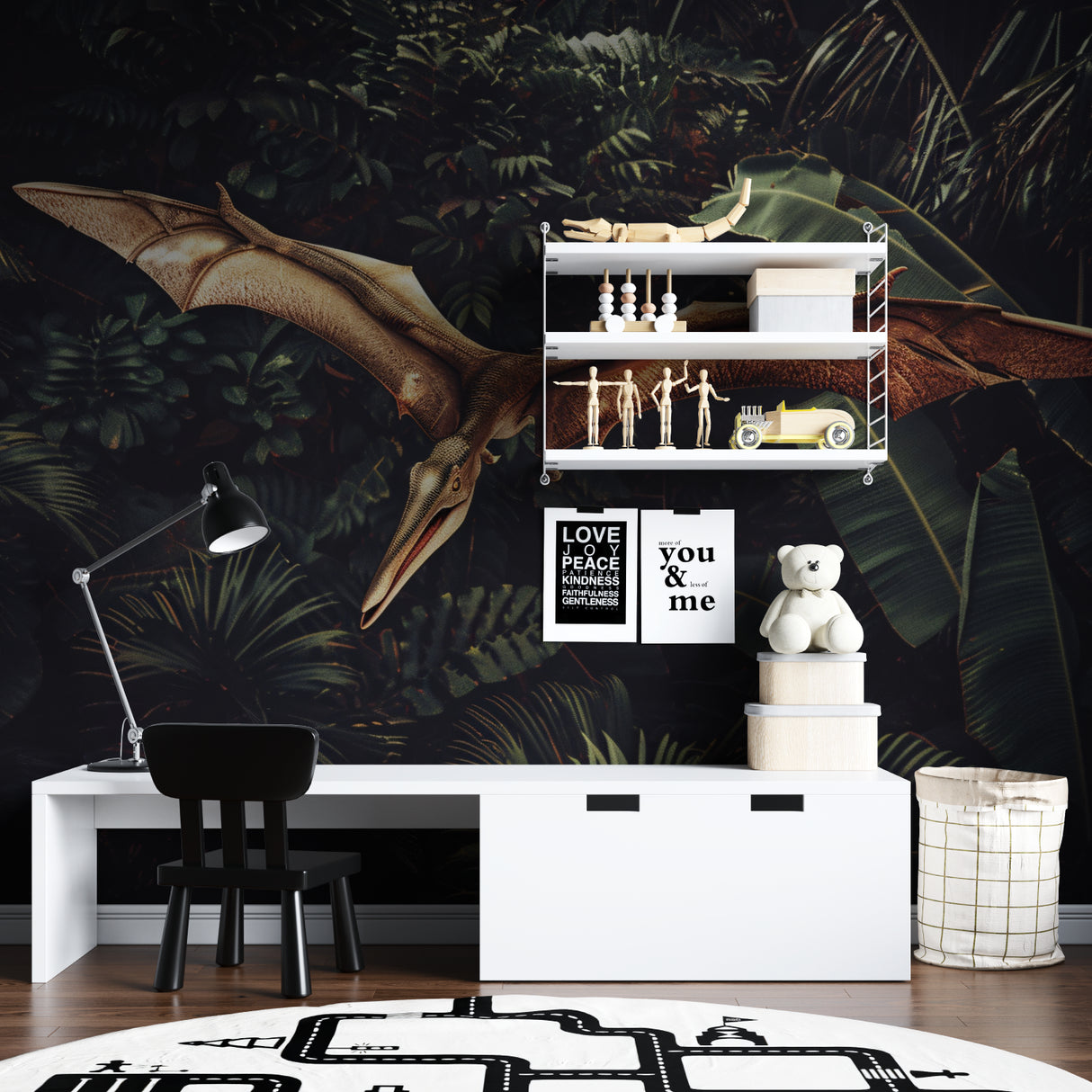 Prehistoric wallpaper design showcased in a teen bedroom with modern furniture