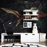 Prehistoric wallpaper design showcased in a teen bedroom with modern furniture