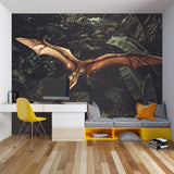 Jungle dinosaur mural adding character to a reading nook with warm lighting