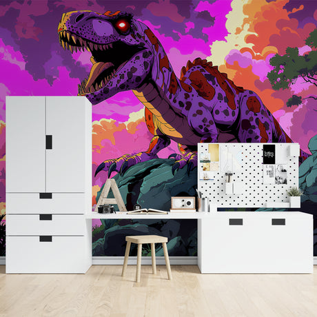 Purple Cyber Punk T-Rex wallpaper in modern gaming room with LED lighting setup