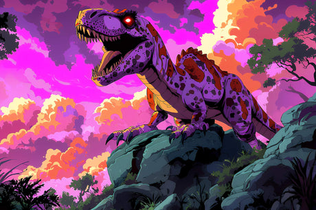 Design file showing detailed cyber punk T-Rex pattern with neon purple effects