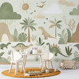 Dinosaur mural wallpaper in sage green tones creating a peaceful atmosphere in a modern kids bedroom with reading nook