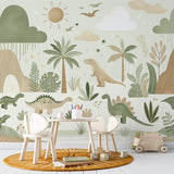 Dinosaur mural wallpaper in sage green tones creating a peaceful atmosphere in a modern kids bedroom with reading nook