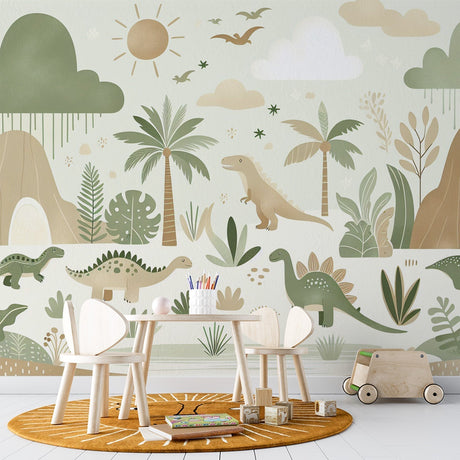 Dinosaur mural wallpaper in sage green tones creating a peaceful atmosphere in a modern kids bedroom with reading nook