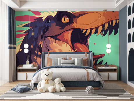 Street art dinosaur wallpaper creating bold impact in modern teen bedroom with gaming setup