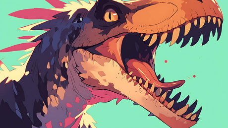 Design file showing vibrant T-Rex street art pattern with urban graffiti elements