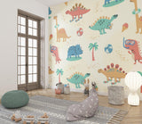 Beach dinosaur wallpaper bringing summer fun to a bright kids bedroom, with soft mint and coral tones perfect for play areas
