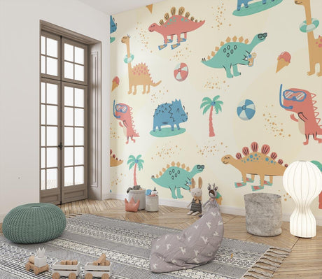 Beach dinosaur wallpaper bringing summer fun to a bright kids bedroom, with soft mint and coral tones perfect for play areas