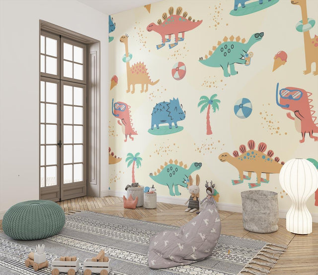 Beach dinosaur wallpaper bringing summer fun to a bright kids bedroom, with soft mint and coral tones perfect for play areas