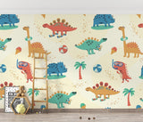 Tropical dinosaur mural displayed in a modern nursery, showing playful dinos in sunglasses against a warm cream background