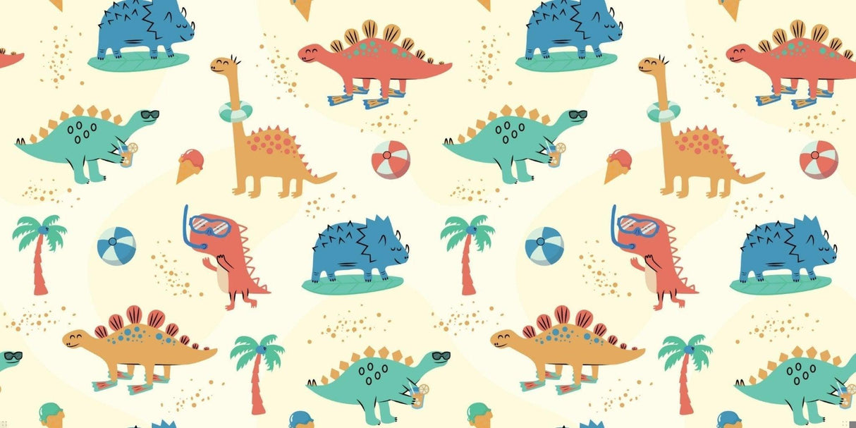Design file showing cheerful beach dinosaurs pattern with palm trees and golden sparkle details