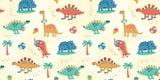 Design file showing cheerful beach dinosaurs pattern with palm trees and golden sparkle details
