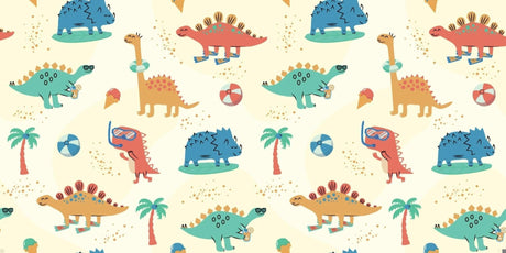Design file showing cheerful beach dinosaurs pattern with palm trees and golden sparkle details