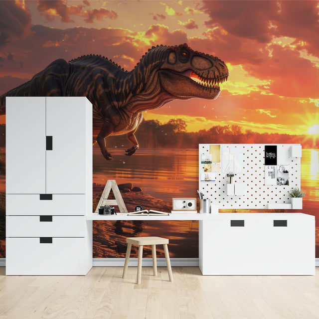 T-Rex dinosaur wallpaper mural bringing prehistoric drama to a modern kids bedroom with warm sunset colors