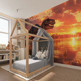 Dramatic T-Rex wall mural transforming a playroom with golden sunset hues