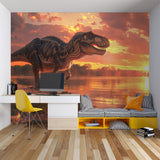 Dinosaur wall mural featuring T-Rex making a statement in a teen's gaming room