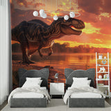 T-Rex wallpaper mural creating depth in a study room with dramatic sunset backdrop