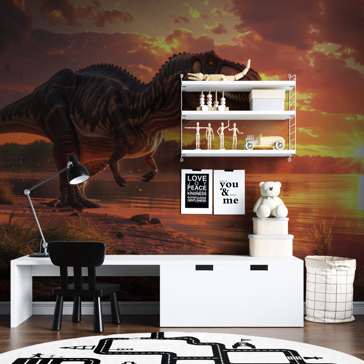 Sunset dinosaur mural adding warmth to a modern living room feature wall