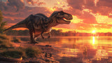 Design file of T-Rex dinosaur silhouette against rich amber and gold sunset sky