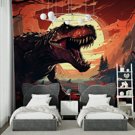 Dramatic T-Rex dinosaur wallpaper mural creating wow factor in modern living room with sunset colors