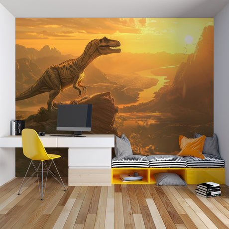Dinosaur wall mural brings prehistoric adventure to a modern kids bedroom with warm sunset tones