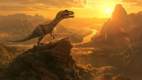 Design file showing detailed T-Rex silhouette against dramatic mountain sunset