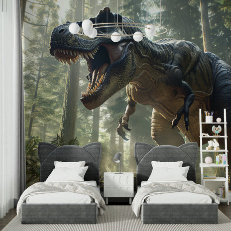 T-Rex dinosaur wallpaper bringing adventure to a modern kids bedroom with blue accents