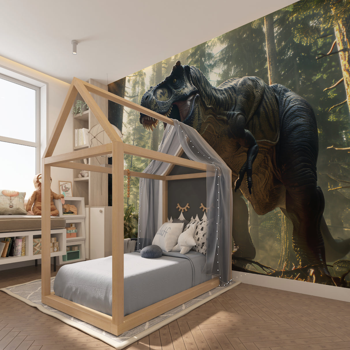 Dinosaur wall mural creating excitement in a cozy playroom setting