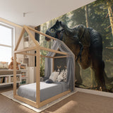 Dinosaur wall mural creating excitement in a cozy playroom setting