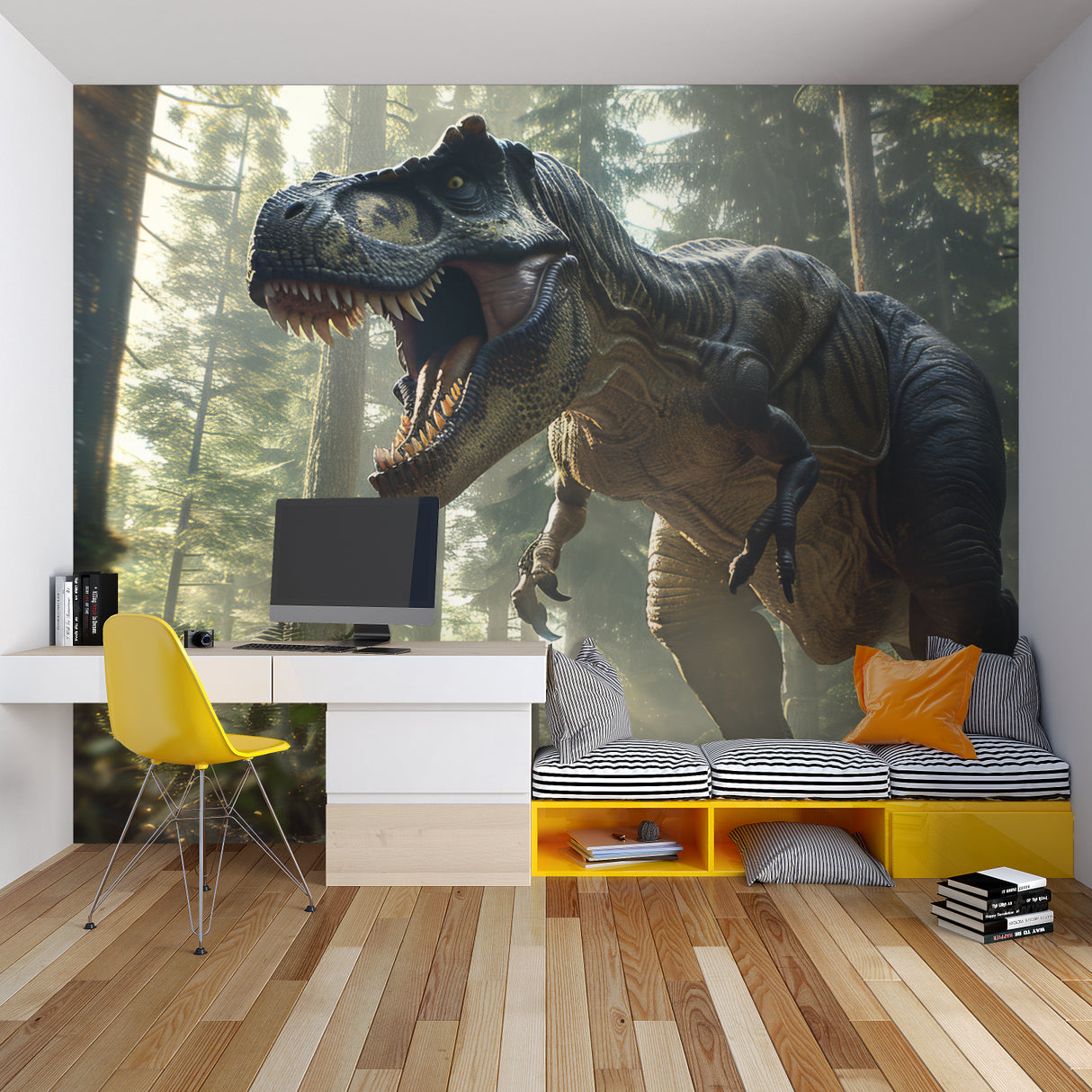 T-Rex forest wallpaper transforming a neutral nursery into an adventure zone