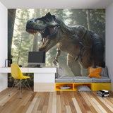 T-Rex forest wallpaper transforming a neutral nursery into an adventure zone