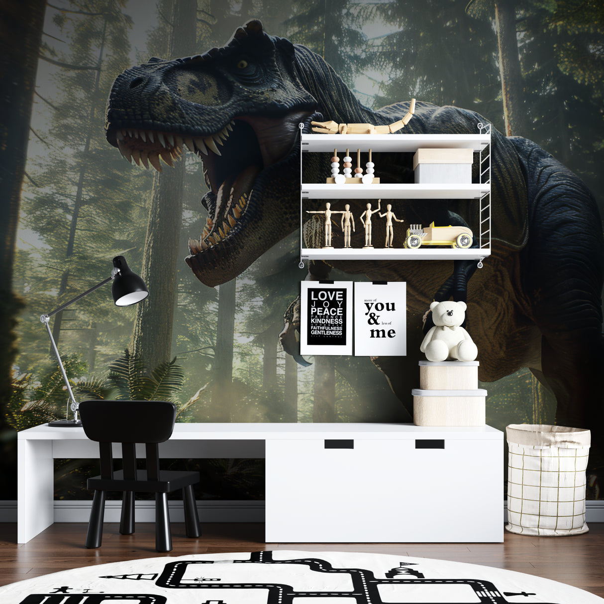 Prehistoric mural adding depth to a child's study area